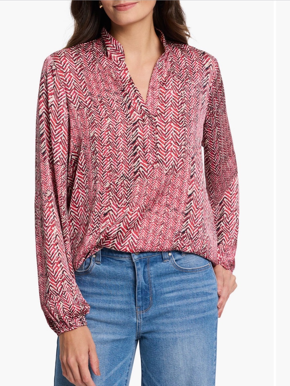 NIC+ZOE Herringbone Print Split Neck Long-Sleeve Blouse in Red